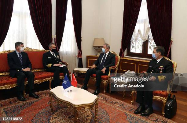 Turkish National Defense Minister, Hulusi Akar receives Commander of Joint Force Command Naples, Admiral Robert P. Burke and the U.S. Ambassador to...