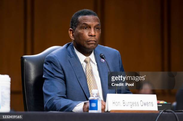 Rep. Burgess Owens listens during a Senate Judiciary Committee hearing on Capitol Hill April 20, 2021 in Washington, DC. The committee is hearing...