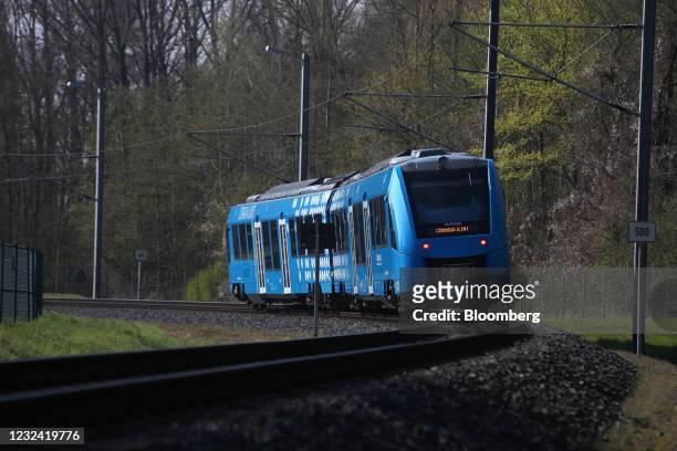 Coradia iLint hydrogen fuel cell powered prototype railway train, manufactured by Alstom SA, operates in Salzgitter, Germany, on Tuesday, April 20,...