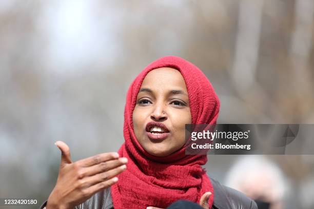 Representative Ilhan Omar, a Democrat from Minnesota, speaks during a press conference near the site of Daunte Wright's death in Brooklyn Center,...
