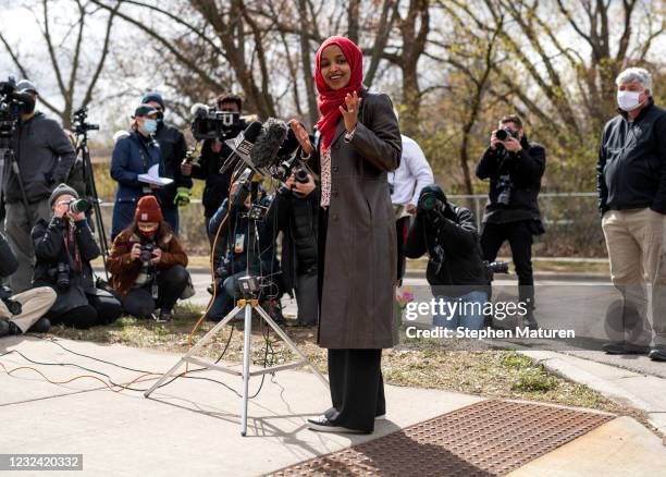Rep. Ilhan Omar speaks during a press conference at a memorial for Daunte Wright on April 20, 2021 in Brooklyn Center, Minnesota. Twenty-year-old...