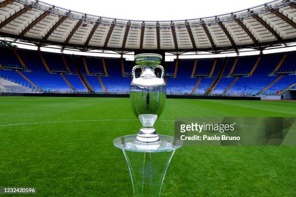 General view of the UEFA Euro 2020 Trophy at Stadio Olimpico during the UEFA Euro 2020 Trophy Tour of Rome on April 20, 2021 in Rome, Italy.
