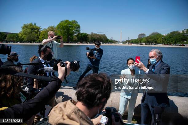 Rep. Alexandria Ocasio-Cortez , Sen. Ed Markey , and Rep. Cori Bush record a video following a news conference held to re-introduce the Green New...