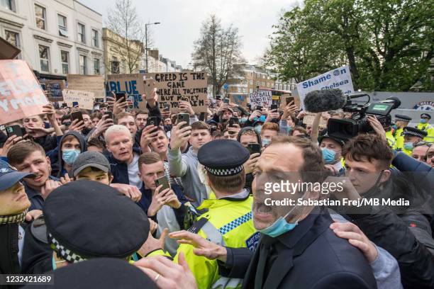 Petr Chech talking with fans who protest against Super League before the Premier League match between Chelsea and Brighton & Hove Albion at Stamford...