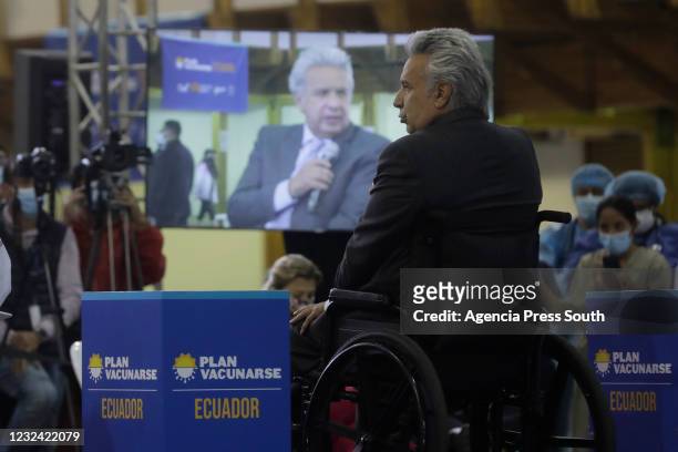 Lenín Moreno Garcés President of Ecuador attends a press conference during a vaccination day at the Quito Exhibition Center on April 20, 2021 in...
