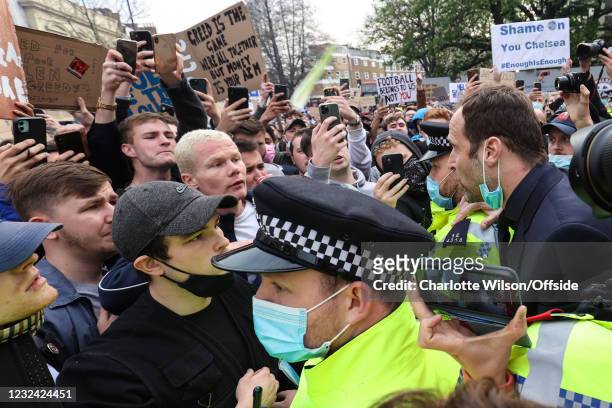 April 2021: Former Chelsea goalkeeper Petr Cech calls for calm as fans gather to protest the introduction of the European Super League on April 20,...