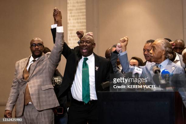 Philonise Floyd , Attorney Ben Crump and Reverend Al Sharpton react following the verdict in the trial of former police officer Derek Chauvin in...