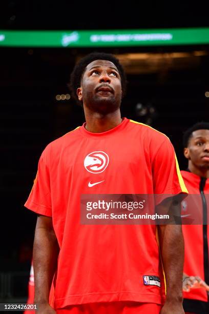 Solomon Hill of the Atlanta Hawks looks on before the game against the Orlando Magic on April 20, 2021 at State Farm Arena in Atlanta, Georgia. NOTE...