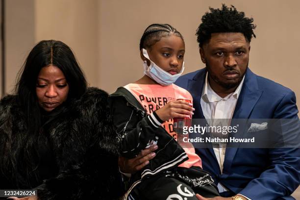 Roxie Washington and Gianna Floyd, daughter of George Floyd, look on during a news conference following the verdict in the Derek Chauvin trial on...