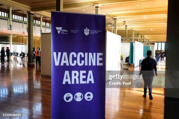 General view of the mass vaccination hub at the Royal Exhibition Building on April 21, 2021 in Melbourne, Australia. Mass-vaccination hubs have...