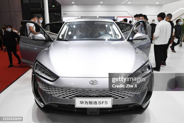 Huawei SF5 car is on displayed during the 19th Shanghai International Automobile Industry Exhibition, also known as Auto Shanghai 2021, at National...