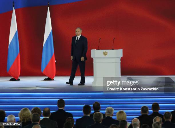 Russian President Vladimir Putin delivers his annual address to the Federal Assembly, on April 21, 2021 in Moscow, Russia. President Vladimir Putin...