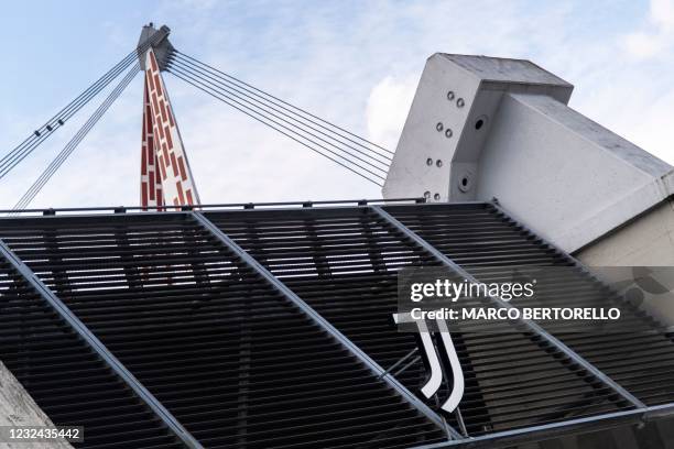 View shows the logo of the Juventus Italian Serie A football club on April 21, 2021 at the Juventus stadium in Turin. - Italian champions Juventus,...