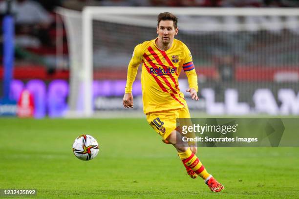 Lionel Messi of FC Barcelona during the Spanish Copa del Rey match between Athletic de Bilbao v FC Barcelona at the La Cartuja Stadium on April 17,...