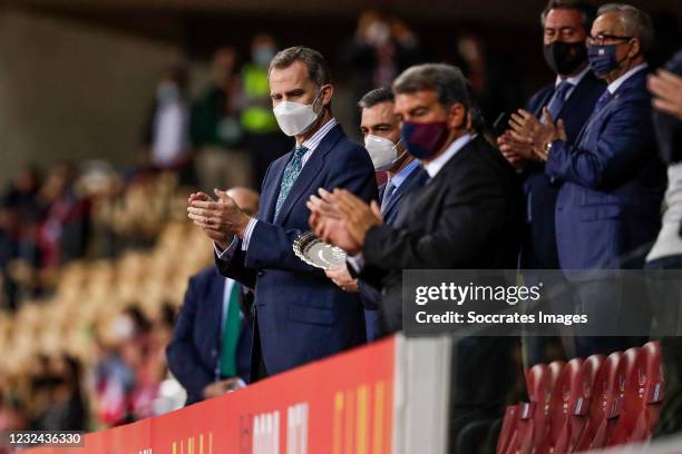 King of Spain Felipe VI, President of Spain Pedro Sanchez, president Joan Laporta of FC Barcelona during the Spanish Copa del Rey match between...