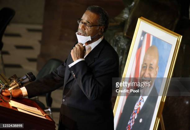 Rep. Emanuel Cleaver speaks at a ceremony honoring the late Congressman Alcee Hastings in Statuary Hall at the U.S. Capitol April 21, 2021 in...
