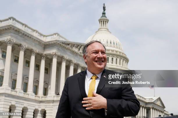 Former Secretary of State Mike Pompeo arrives to speak to the media with members of the Republican Study Committee about Iran on April 21, 2021 in...