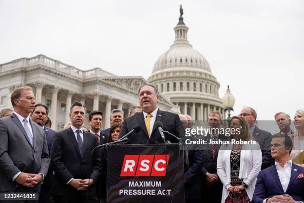 Former Secretary of State Mike Pompeo speaks to the media with members of the Republican Study Committee about Iran on April 21, 2021 in Washington,...