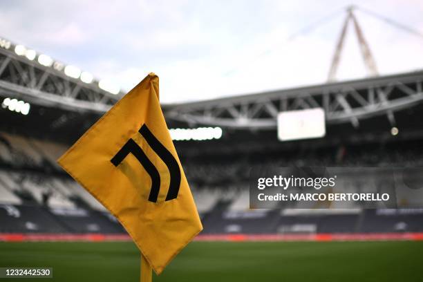 View shows the logo of the Juventus Italian Serie A football club on April 21, 2021 at the Juventus stadium in Turin. - Italian champions Juventus,...