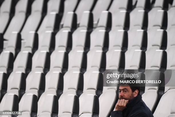 Juventus FC President Andrea Agnelli attends the Italian Serie A football match Juventus vs Parma on April 21, 2021 at the Juventus stadium in Turin....