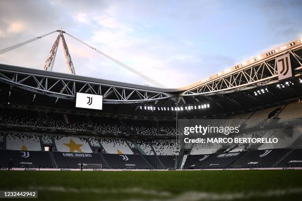 View shows the logo of the Juventus Italian Serie A football club on April 21, 2021 at the Juventus stadium in Turin. - Italian champions Juventus,...