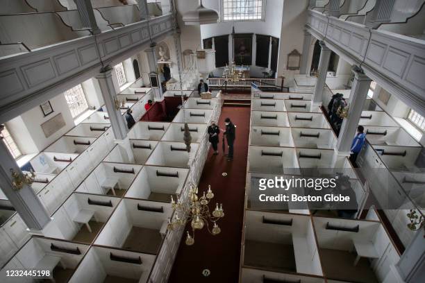 Visitors tour the Old North Church in the North End neighborhood of Boston, on April 17, 2021. The Old North Church & Historic Site kicked off...