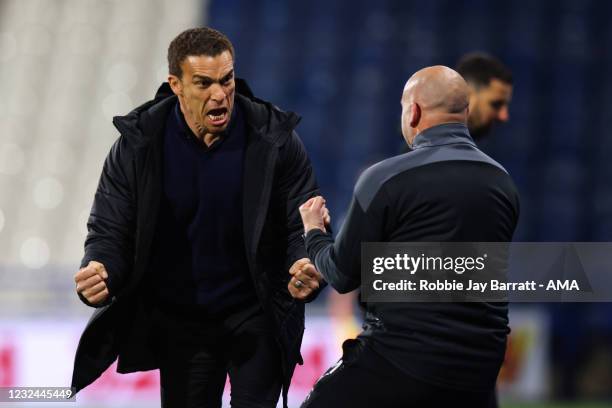 Valerien Ismael the head coach / manager of Barnsley celebrates the opening goal during the Sky Bet Championship match between Huddersfield Town and...