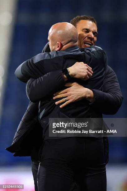 Valerien Ismael the head coach / manager of Barnsley celebrates the opening goal during the Sky Bet Championship match between Huddersfield Town and...