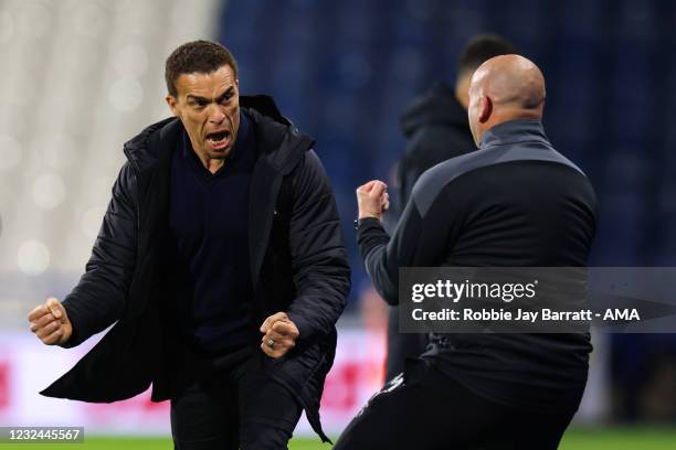 Valerien Ismael the head coach / manager of Barnsley celebrates the opening goal during the Sky Bet Championship match between Huddersfield Town and...