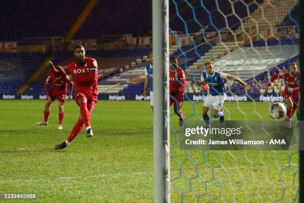 Lewis Grabban of Nottingham Forest scores a goal from the penalty spot to make it 1-1 during the Sky Bet Championship match between Birmingham City...