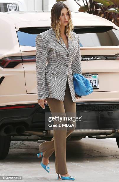 Hailey Bieber is seen on April 20, 2021 in Los Angeles, California.
