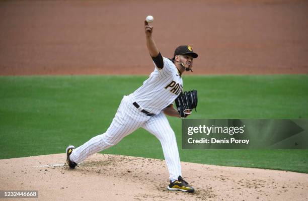 Dinelson Lamet of the San Diego Padres pitches during the second inning of a baseball game against the Milwaukee Brewers at Petco Park on April 21,...