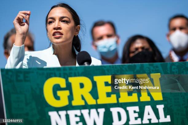 Rep. Alexandria Ocasio-Cortez speaks at a news conference to reintroduce the Green New Deal and introduce the Civilian Climate Corps Act at the...