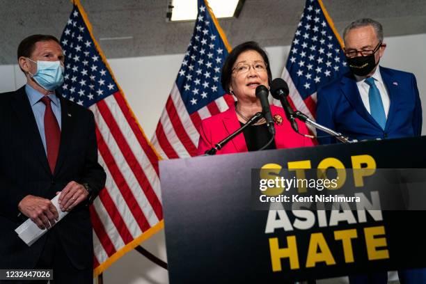 Sen. Mazie Hirono speaks at a news conference following a Senate Democratic policy luncheon on Capitol Hill on Tuesday, April 20, 2021 in Washington,...