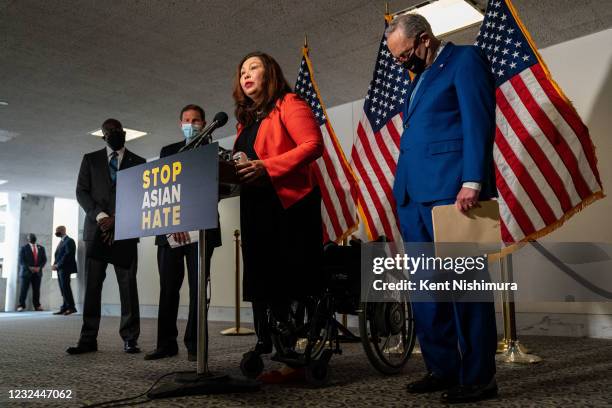 Sen. Tammy Duckworth speaks at a news conference following a Senate Democratic policy luncheon on Capitol Hill on Tuesday, April 20, 2021 in...