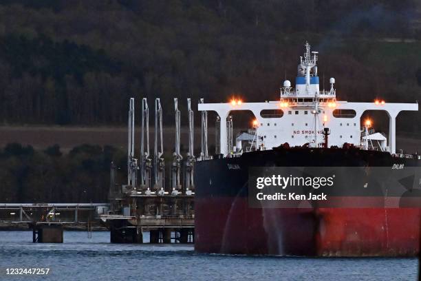 The 332-metre long Liberian-registered oil tanker Dalma berths at Hound Point Oil Terminal in the Firth of Forth, on, April 21 2021 in Dalgety Bay,...