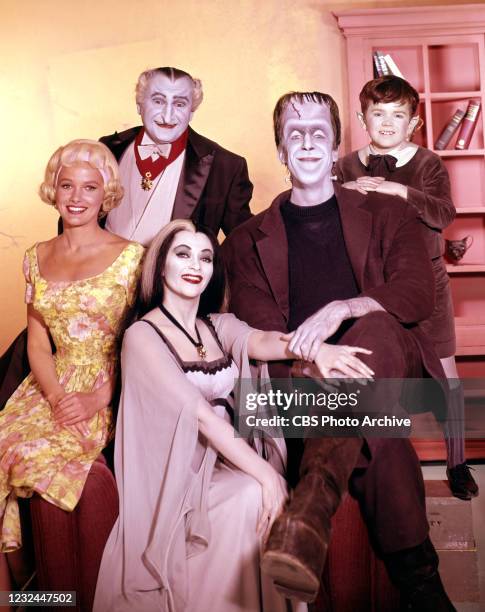 Pictured from left is Beverley Owen , Al Lewis , Yvonne De Carlo , Fred Gwynne , Butch Patrick in the CBS series, THE MUNSTERS. Premier episode aired...