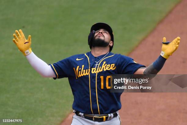 Omar Narvaez of the Milwaukee Brewers celebrates after hitting a two-run home run during the sixth inning of a baseball game against the San Diego...