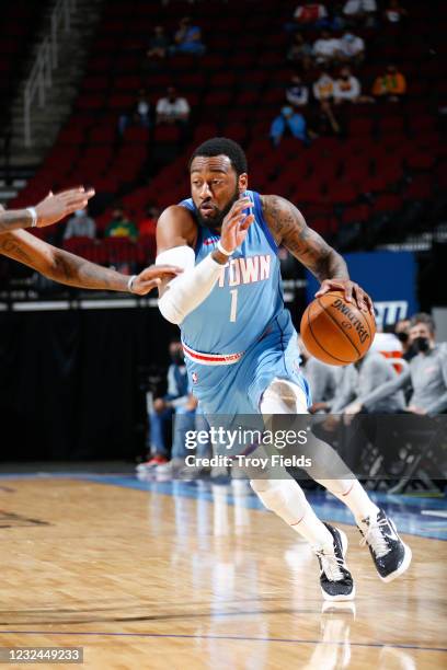 John Wall of the Houston Rockets dribbles during the game against the Utah Jazz on April 21, 2021 at the Toyota Center in Houston, Texas. NOTE TO...