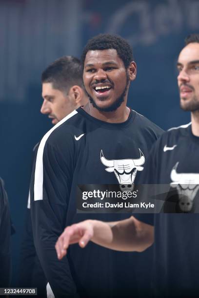 Cristiano Felicio of the Chicago Bulls smiles before the game against the Cleveland Cavaliers on April 21, 2021 at Rocket Mortgage FieldHouse in...