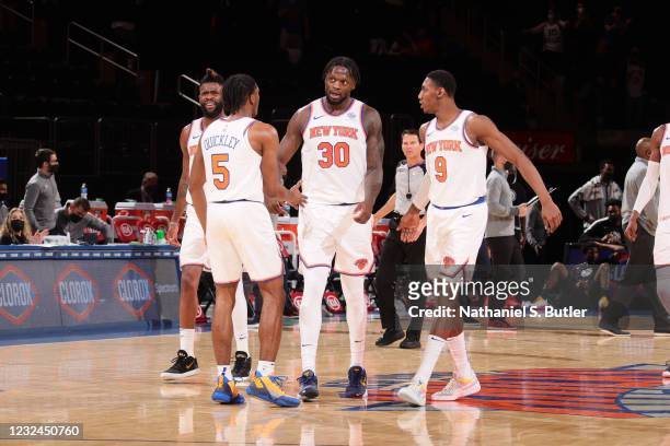 Julius Randle of the New York Knicks talks to teammates during the game against the Atlanta Hawks on April 21, 2021 at Madison Square Garden in New...