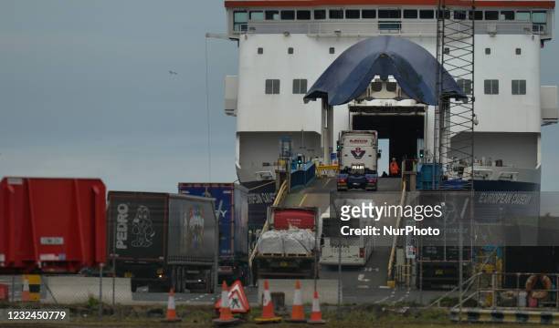 Cars and trucks boarding the Larne to Cairnryan ferry in Larne Harbor in County Antrim. On Tuesday, April 20 in Larne, County Antrim, Northern Ireland
