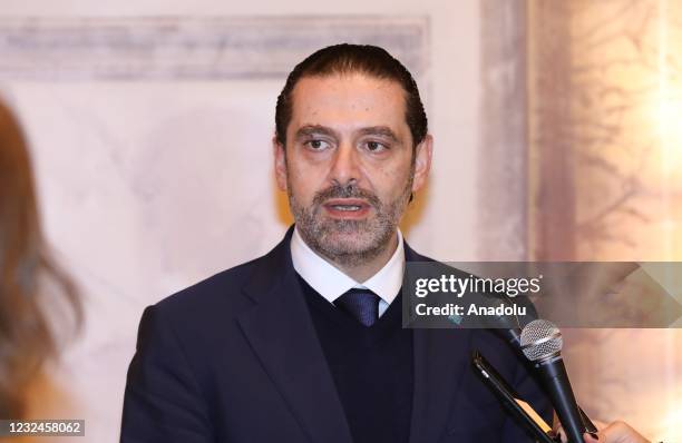 Former Prime Minister Saad Hariri, tasked with forming the new government in Lebanon, speaks to press members after his meeting with Pope Francis in...