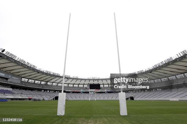 Empty seats in the spectator stands surround the pitch prior to an operational test match for the Rugby Sevens event of the now-postponed Tokyo 2020...