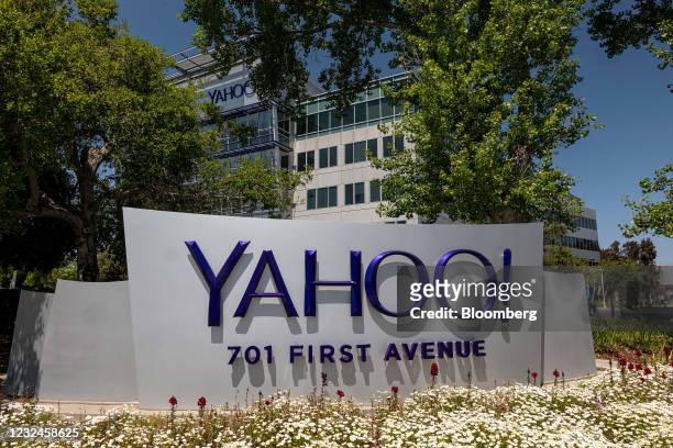 Signage in front of Oath Inc. Yahoo! headquarters in Sunnyvale, California, U.S., on Wednesday, April 21, 2021. Silicon Valley has the lowest office...
