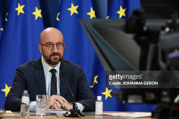 European Council President Charles Michel attends the leaders summit on climate via video conference, in Brussels on April 22, 2021.