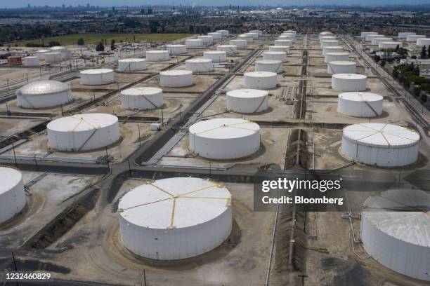 Above ground petroleum storage tanks at the Royal Dutch Shell PLC Southern California Distribution Complex in Carson, California, U.S., on Wednesday,...