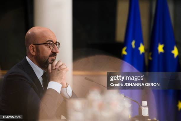 European Council President Charles Michel attends the leaders summit on climate via video conference, in Brussels on April 22, 2021.