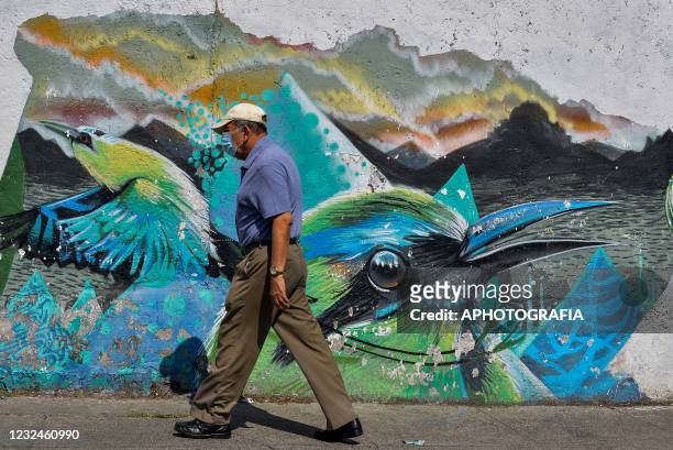 Man passes by a mural depicting a Momoto cejiazul bird, better known as a Torogoz, the Salvadoran national bird as part of global action to combat...
