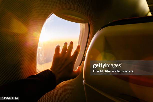 man reaching hand to airplane window during the flight - passenger point of view bildbanksfoton och bilder